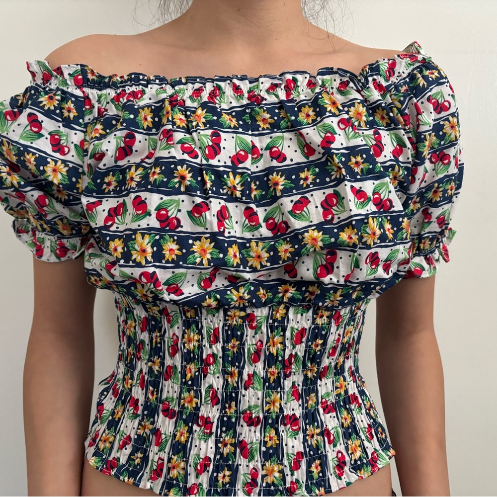 Pinup Couture Navy, White & Red Cherry Floral Off-Shoulder Crop Top